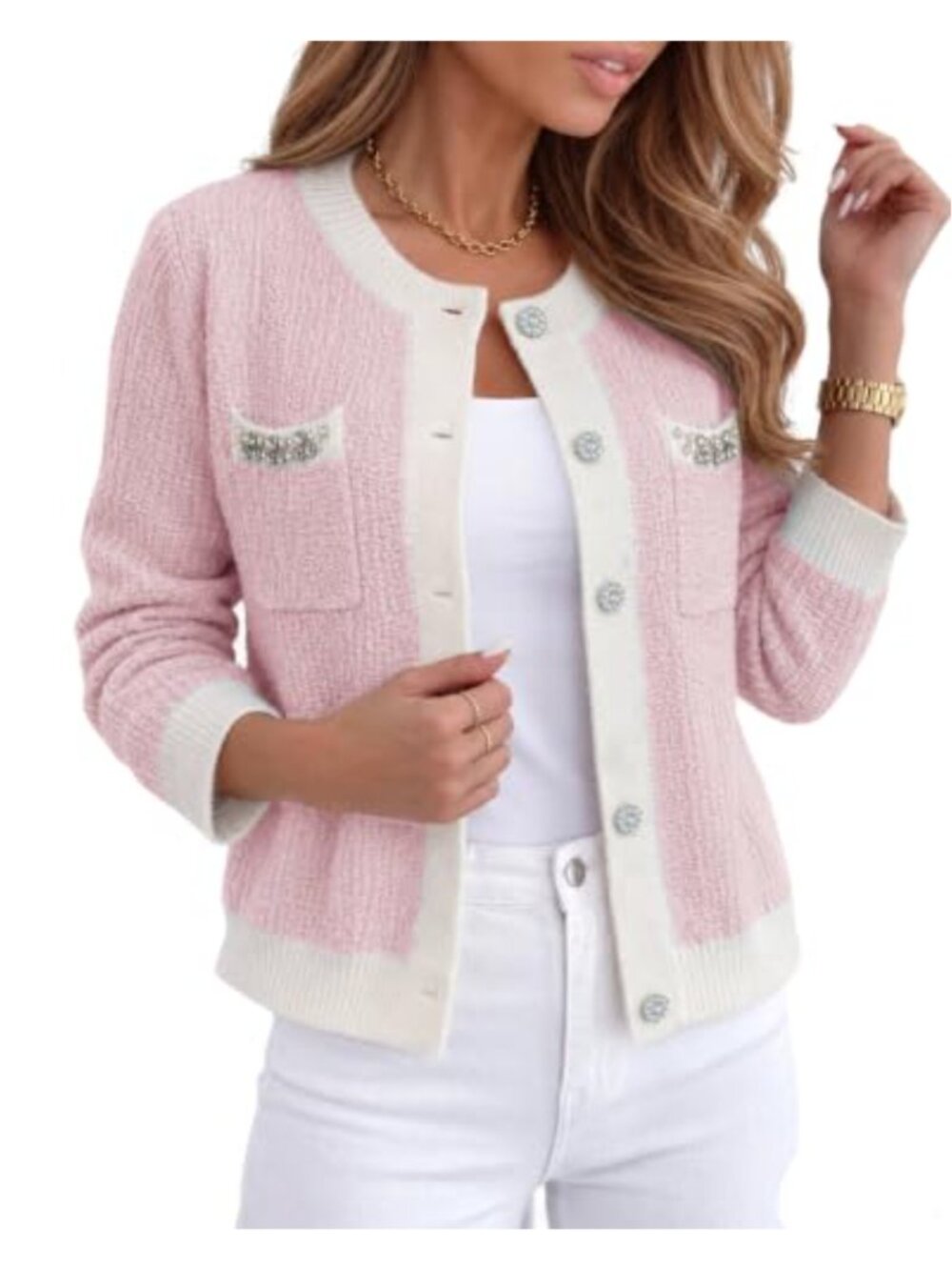 Womens Knit Cardigan Rhinestone Button Front Sweater Contrast Trim